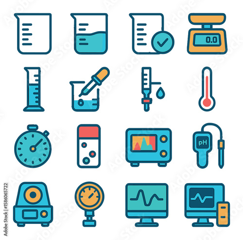 beaker measurements and calibration modern flat style. graduated markings, volume measurement, meniscus reading, calibration standards, digital scale, measuring cylinder