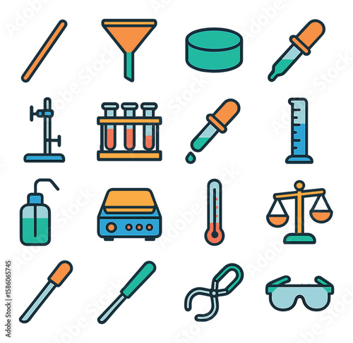 beaker lab accessories modern flat style. stirring rod, funnel, rubber stopper, pipette, burette, test tube rack, dropper, measuring cylinder, clamp stand, hot plate