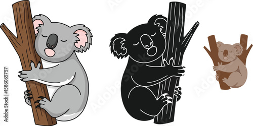 Adorable koala bears clinging to tree branches are showcased in this charming cartoon illustration, perfect for children's books, educational materials, and animal-themed designs.