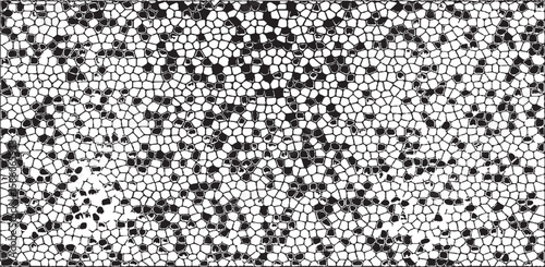 Monochrome texture composed of irregular graphic elements. Distressed uneven grunge background. Abstract vector illustration. Overlay for interesting effect and depth. Isolated on white background.