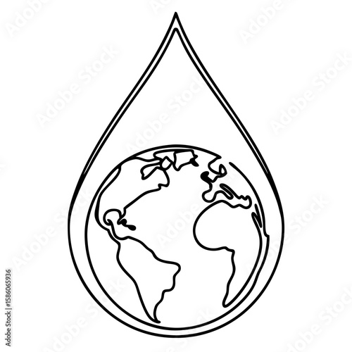 Earth shape in raindrop with line art illustration highlighting environmental awareness. Depicting Earth shape in raindrop, this line art visual symbolizes global issues.