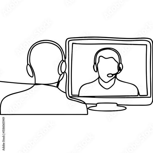 Line art featuring person in video conference using headset and computer screen. Person in video conference setting displays simple, single-line aesthetic.