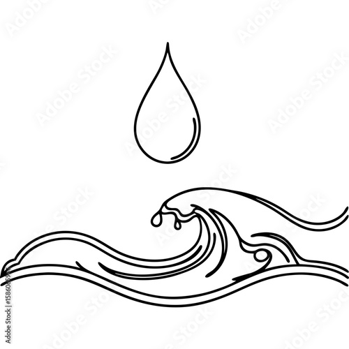 Water droplet and wave illustration shows minimalist outline with simple ripple. Water droplet and wave evokes purity with flowing seawater and clean lines, embodying essence of fluidity.