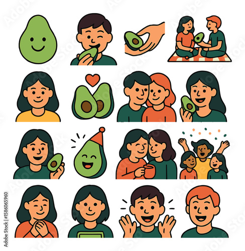 avocado emotions and social moments modern flat style. happy face with avocado, eating avocado, sharing food, picnic with avocado, smiling person, healthy living