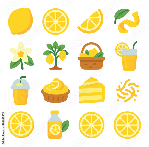 lemon types and forms modern flat style. whole lemon, sliced lemon, lemon wedge, lemon peel, lemon flower, lemon tree, lemon basket, lemon juice glass, lemon smoothie