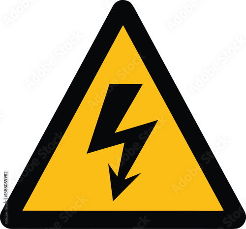 Yellow high voltage danger sign with lightning bolt symbol on black background warns of electric shock risk