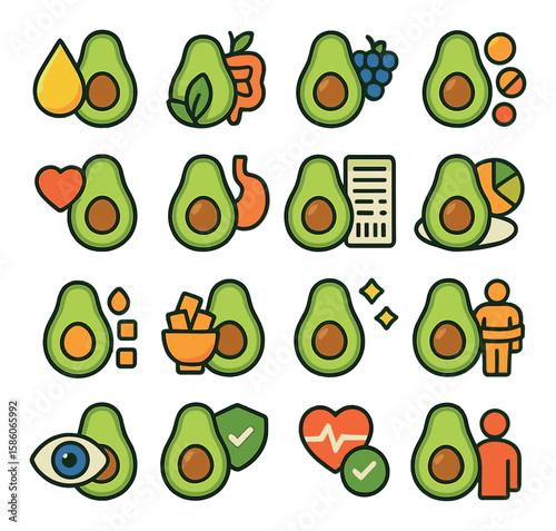 avocado health and nutrition modern flat style. healthy fats, fiber, antioxidants, vitamins, calorie count, heart health, digestion, nutrition label, balanced diet