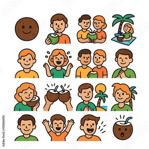 coconut emotions and social moments modern flat style. happy face with coconut, drinking coconut water, sharing coconut, tropical picnic, smiling person, summer fun
