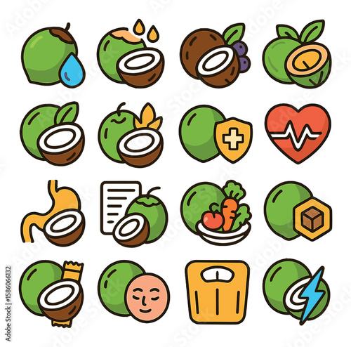 coconut health and nutrition modern flat style. hydration, healthy fats, antioxidants, fiber, calorie count, immune boost, heart health, digestion, nutrition label