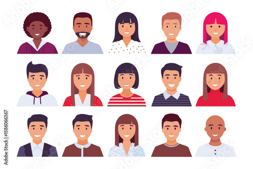 Diverse Faces: A collection of fifteen diverse faces, each uniquely expressive, embodying a modern and inclusive representation of people from varied backgrounds.