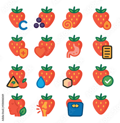 strawberry health and nutrition modern flat style. vitamin C, antioxidants, fiber, low calorie, immune boost, heart health, digestion, nutrition label, balanced diet