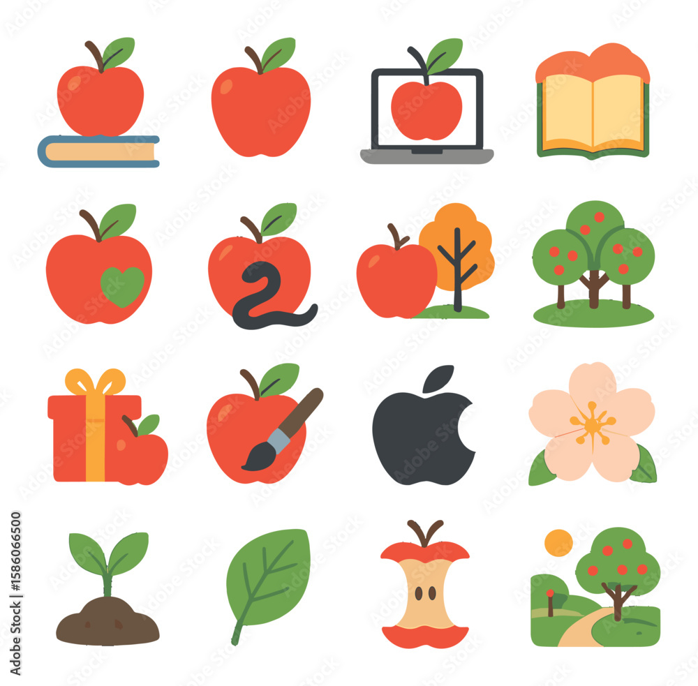 apple symbolism and uses modern flat style. teacher apple, apple icon, computer apple, knowledge symbol, health symbol, temptation, fall season, orchard, gift apple, art