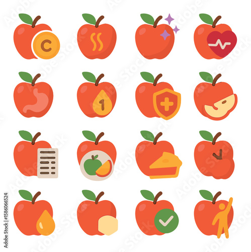 apple health and nutrition modern flat style. vitamin C, fiber, antioxidants, heart health, digestion, calorie count, immune boost, healthy snack, apple slices, nutrition