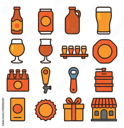 craft beer packaging and serving modern flat style. bottle, can, growler, pint glass, snifter glass, tulip glass, flight tray, coaster, six-pack holder, tap handle