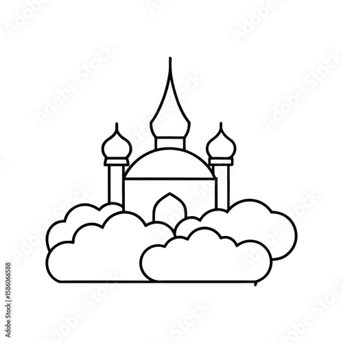 floating mosque on clouds line art