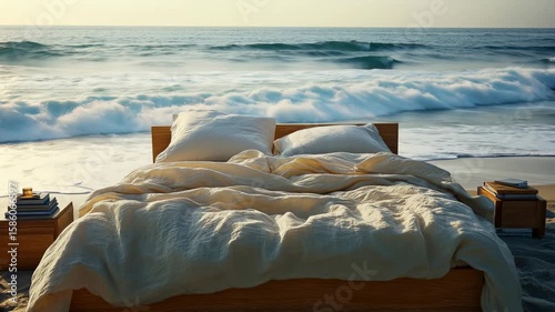 Soft blankets and pillows on a cozy bed set on sandy beach, with gentle waves lapping at the shore, evoking a peaceful and calming environment for rest