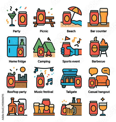 beer can usage and scenarios modern flat style. party can, picnic can, beach can, bar counter, home fridge, camping can, sports event, barbecue, rooftop party, music