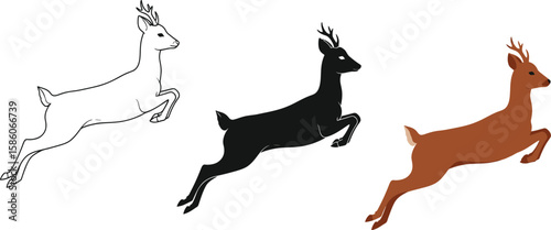 Three stylized deer illustrations showcase a leaping pose in different styles, including a line drawing, a solid black silhouette, and a brown colored version, perfect for design projects.