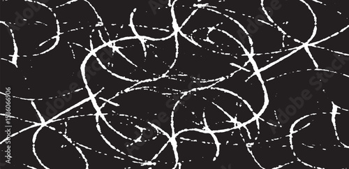 Monochrome texture composed of irregular graphic elements. Distressed uneven grunge background. Abstract vector illustration. Overlay for interesting effect and depth. Isolated on white background.
