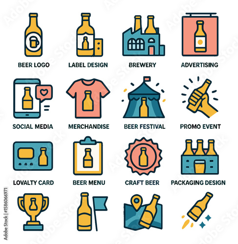 beer bottle marketing and branding modern flat style. beer logo, label design, brewery building, advertising poster, social media post, merchandise, beer festival, promo