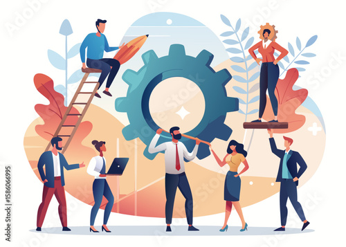 Business improvement vector. Diverse professionals fixing gear mechanism together. Problem solving, teamwork, optimization in flat modern style.

