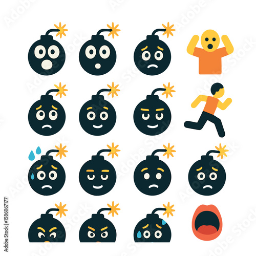 bomb emotions and reactions modern flat style. scared face, shocked expression, surprised face, worried eyes, anxious look, panicked gesture, running person, sweating