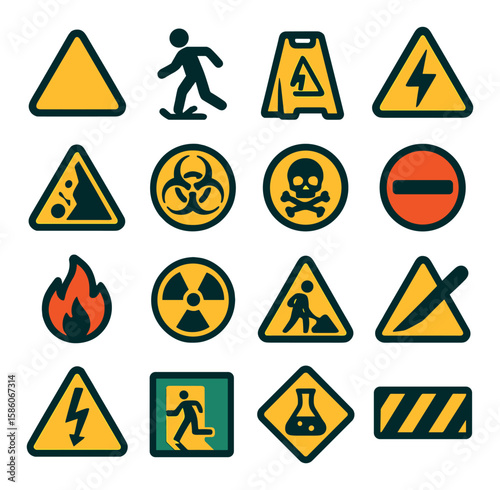 caution signs and symbols modern flat style. caution triangle, slippery floor, wet floor sign, electrical hazard, falling rocks, biohazard, toxic chemical, fire hazard