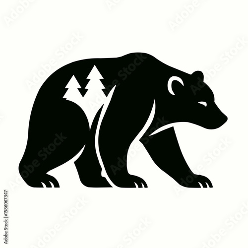 Black vector silhouette of a wild bear, an iconic mammal illustration
