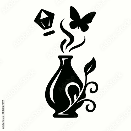 Black and white vector illustration of a cat and a woman admiring a black and white vase with flowers, a symbol of love and pet companionship