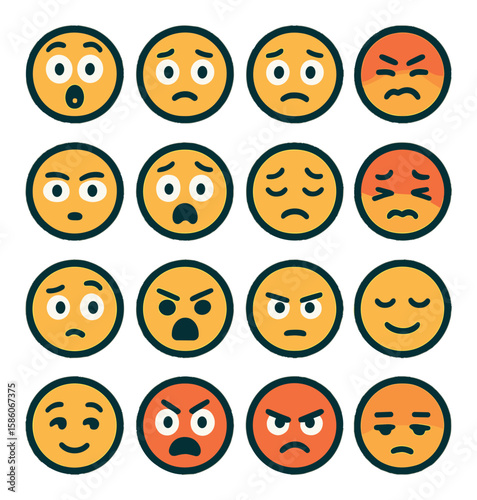 alert emotions and reactions modern flat style. surprised face, worried face, scared face, anxious expression, alert eyes, shocked face, nervous sweat, stressed face