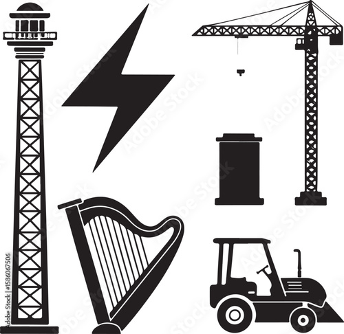 Black silhouette bundle of construction and music objects