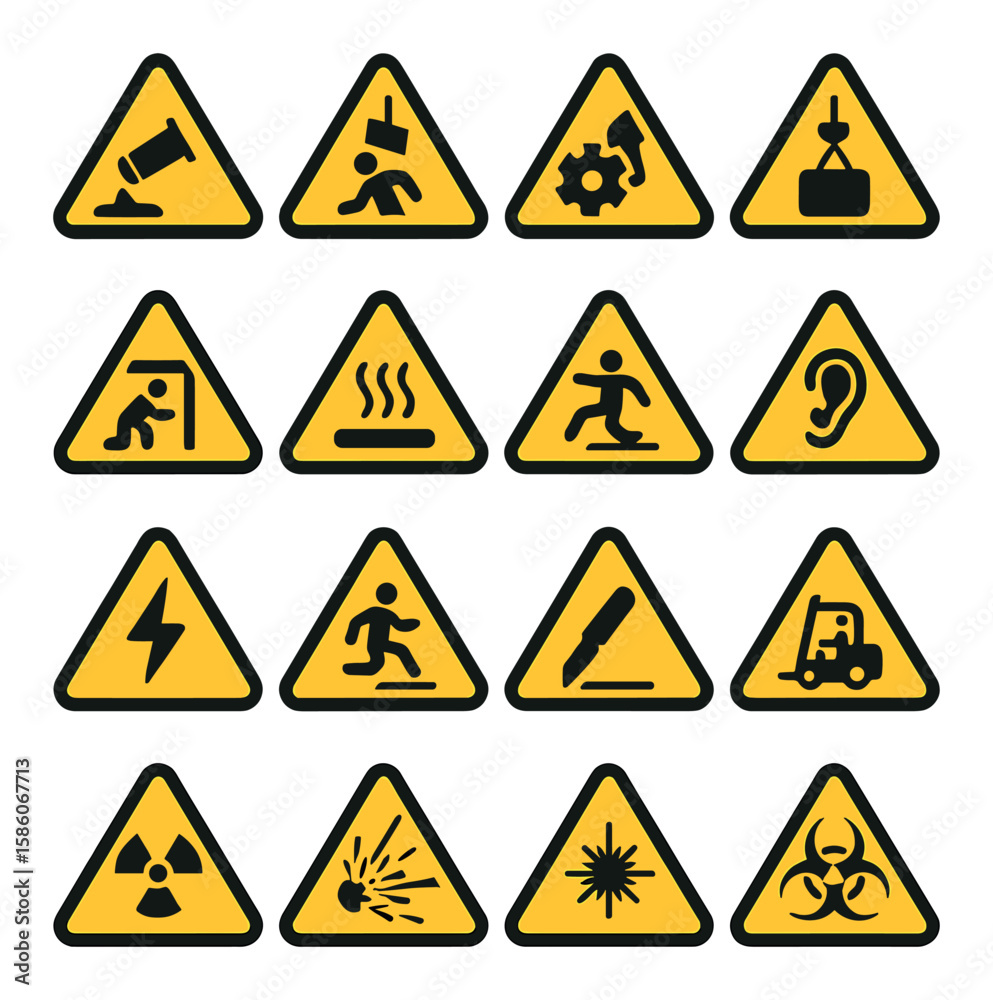warning sign workplace hazards modern flat style. chemical spill, falling objects, machinery danger, heavy load, confined space, hot surface, trip hazard, loud noise warning sign workplace hazards modern flat style. chemical spill, falling objects, machinery danger, heavy load, confined space, hot surface, trip hazard, loud noise