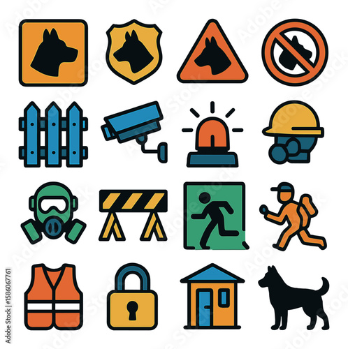 guard dog signs and warnings modern flat style. beware of dog sign, security badge, warning triangle, no trespassing sign, property fence, surveillance camera, alarm bell
