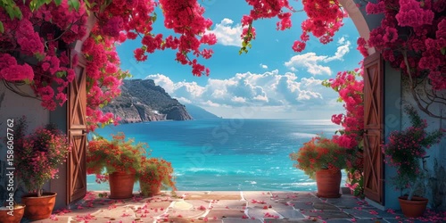 Bougainvillea flowers create a colorful frame around an ocean view from an open doorway, highlighting a tranquil coastal scene with clear skies and gentle waves