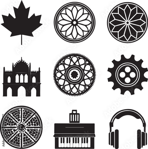 Black Silhouette Icons Canadian Maple Leaf Music Piano Headphones Building