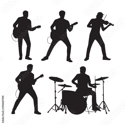 Vector art of a collection of musician silhouettes playing various instruments on a stage isolated on white background