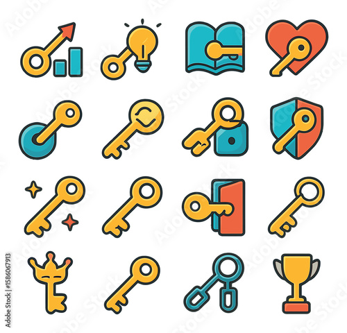 key symbolism and concepts modern flat style. key to success, key idea, key to knowledge, key to heart, key unlocking, key with light bulb, key with puzzle piece, key