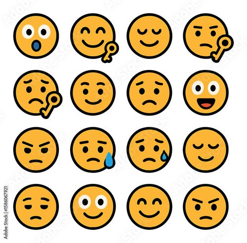 key emotions and reactions modern flat style. surprised face, happy face with key, relieved face, thinking face with key, confused face with key, confident smile, anxious
