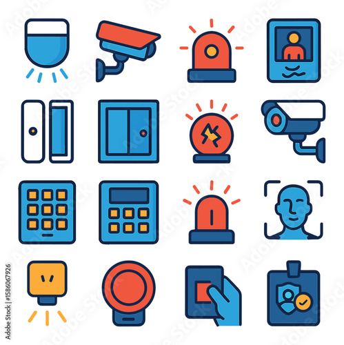 intrusion detection devices and tools modern flat style. motion sensor, CCTV camera, alarm bell, infrared sensor, door sensor, window sensor, glass break detector