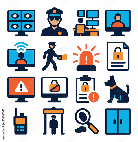 intrusion detection monitoring and response modern flat style. surveillance screen, security guard, control room, video feed, remote monitoring, security patrol