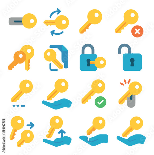key actions and status modern flat style. key inserted, key turning, key removed, key lost, duplicate key, key copied, key locked, key unlocked, key dropped, key held