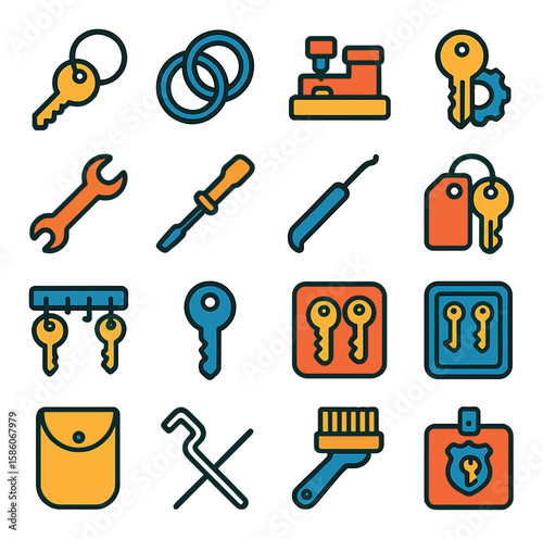 key tools and accessories modern flat style. keychain, keyring, locksmith tools, key cutter, wrench, screwdriver, lockpick, key tag, key holder, master key, key storage
