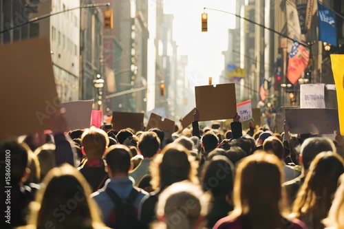 Group of individuals participating in a peaceful protest, holding signs in a busy city street, with sunlight illuminating the scene and creating a powerful atmosphere of solidarity