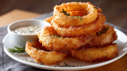 Golden Crispy Onion Rings Served with Creamy Dipping Sauce