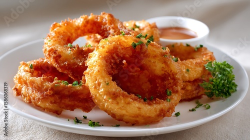 Crispy Onion Rings Served with Dipping Sauce on a White Plate