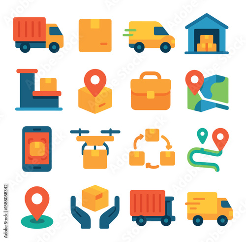 purchase order logistics and delivery modern flat style. cargo truck, shipping box, delivery van, warehouse, loading dock, parcel tracking, courier bag, logistics map