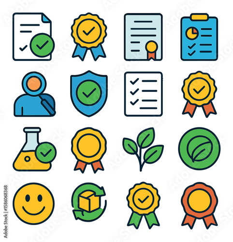 purchase order quality and compliance modern flat style. quality check, seal of approval, certificate, audit report, inspection, safety badge, verified mark, compliance