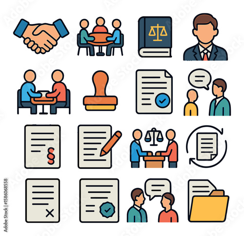 contract business and legal modern flat style. business handshake, meeting table, legal book, lawyer, contract negotiation, official stamp, agreement document