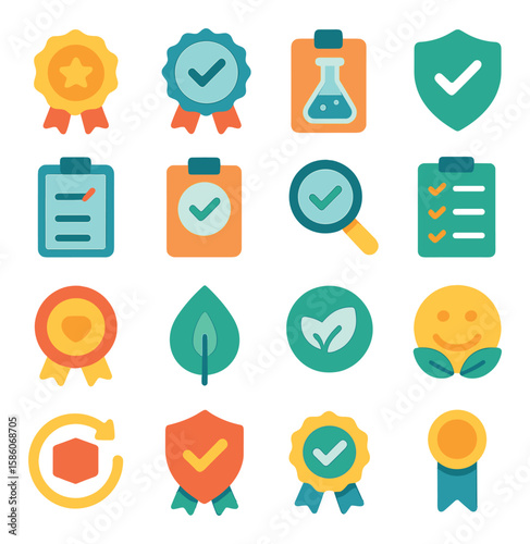 purchasing quality and certification modern flat style. quality assurance badge, certification seal, product test, safety certification, compliance check, verified mark
