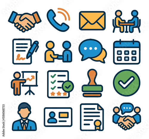 purchasing negotiation and communication modern flat style. handshake, phone call, email, meeting table, contract signing, negotiation, chat bubble, calendar